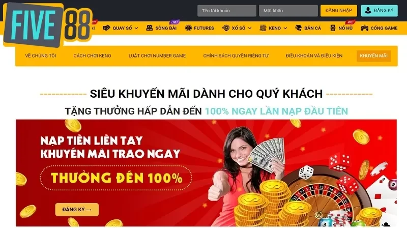 Khuyến mãi Five88 – Nạp tiền thưởng 100% lên tới 15 triệu