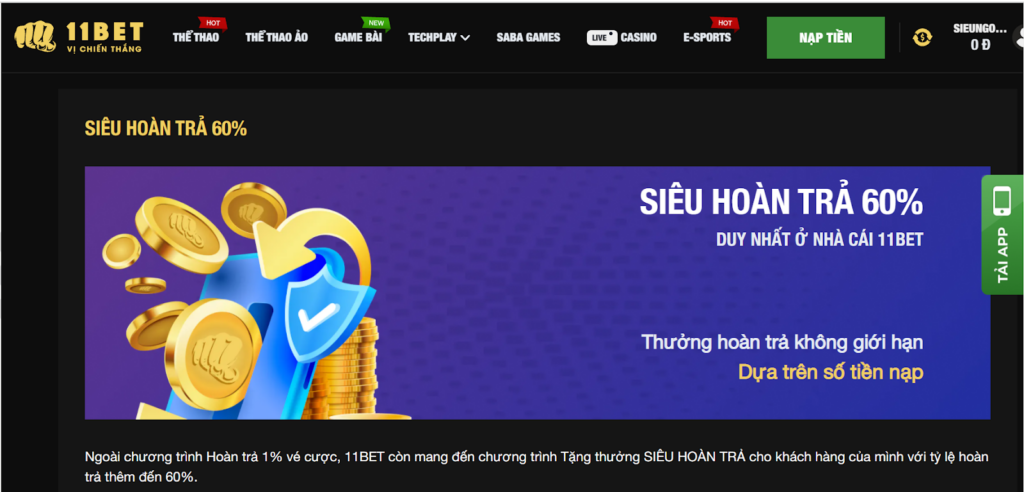 Chương Trình Khuyến Mãi Siêu Hoàn Trả 60% tại 11bet